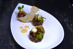 Snake River Farms Wagyu Beef Tartare with v at 1700 Degrees Steakhouse in Harrisburg PA